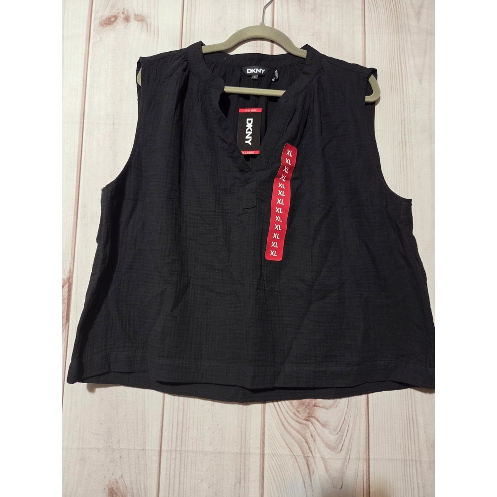 DKNY Gauze Top Womens XL Black Cotton Sleeveless V-Neck NWT Resort Vacation
